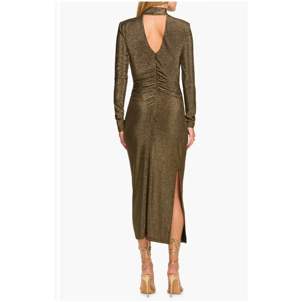 Ramy Brook Amarilys Dress Metallic Gold Shimmer Mock Neck Ruched Midi Sz L - Picture 6 of 15